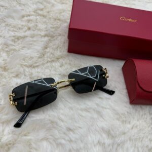 Cartier Zonnebril Donker Blauwe Glazen, Goude Montuur